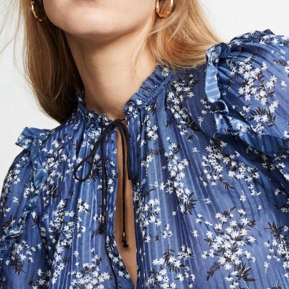 Ulla Johnson Manet Blue, White Silk Floral Ruffle Blouse Size 4 - Picture 11 of 12